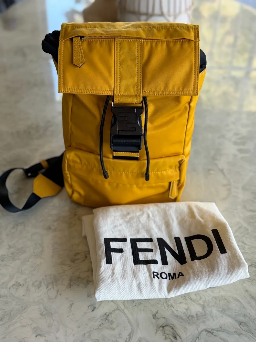 Fendi Men's Yellow Nylon sling back Backpack with FF Signature Buckle